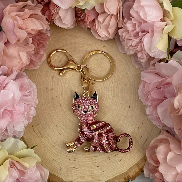 Pink Striped Crystal Egyptian Tabby Cat Keychain Charm - Picture 8 of 16